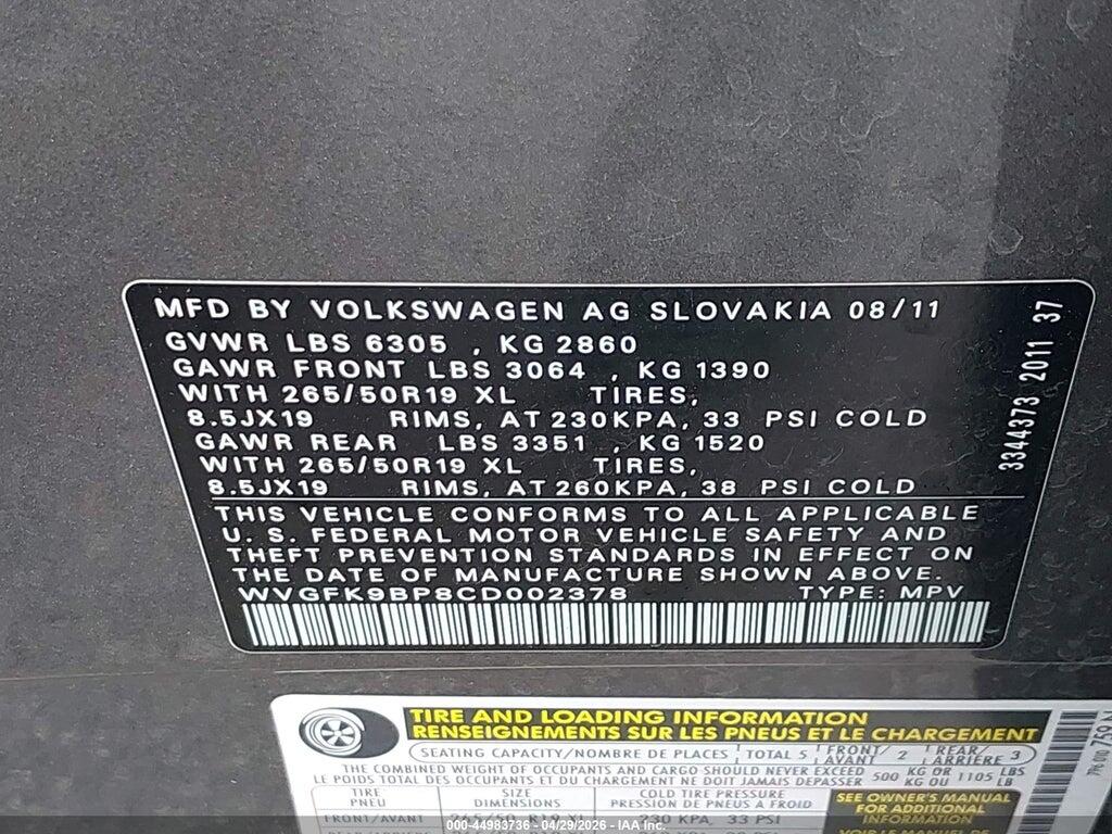 WVGFK9BP8CD002378 2012 VOLKSWAGEN TOUAREG photo no. 9