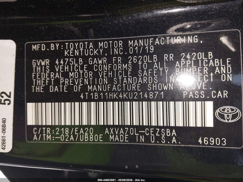 4T1B11HK4KU214871 2019 TOYOTA CAMRY photo no. 9