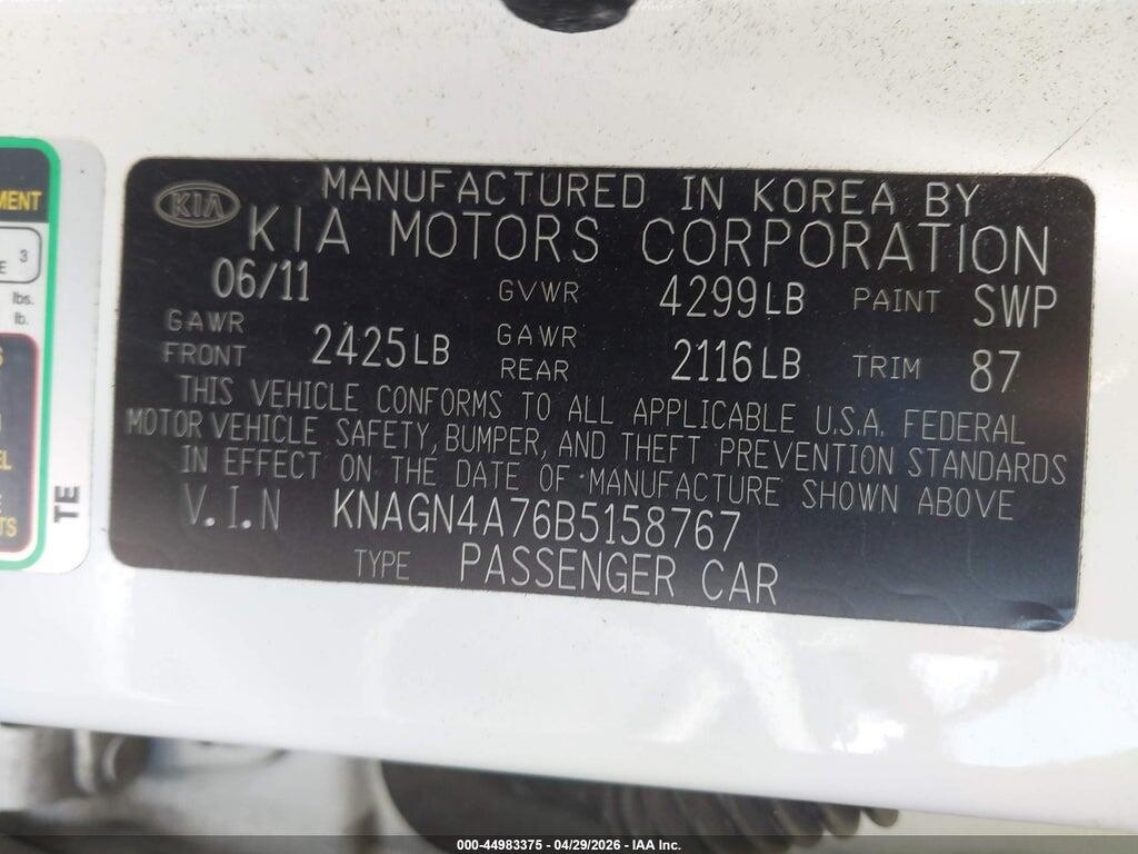 KNAGN4A76B5158767 2011 KIA OPTIMA photo no. 9