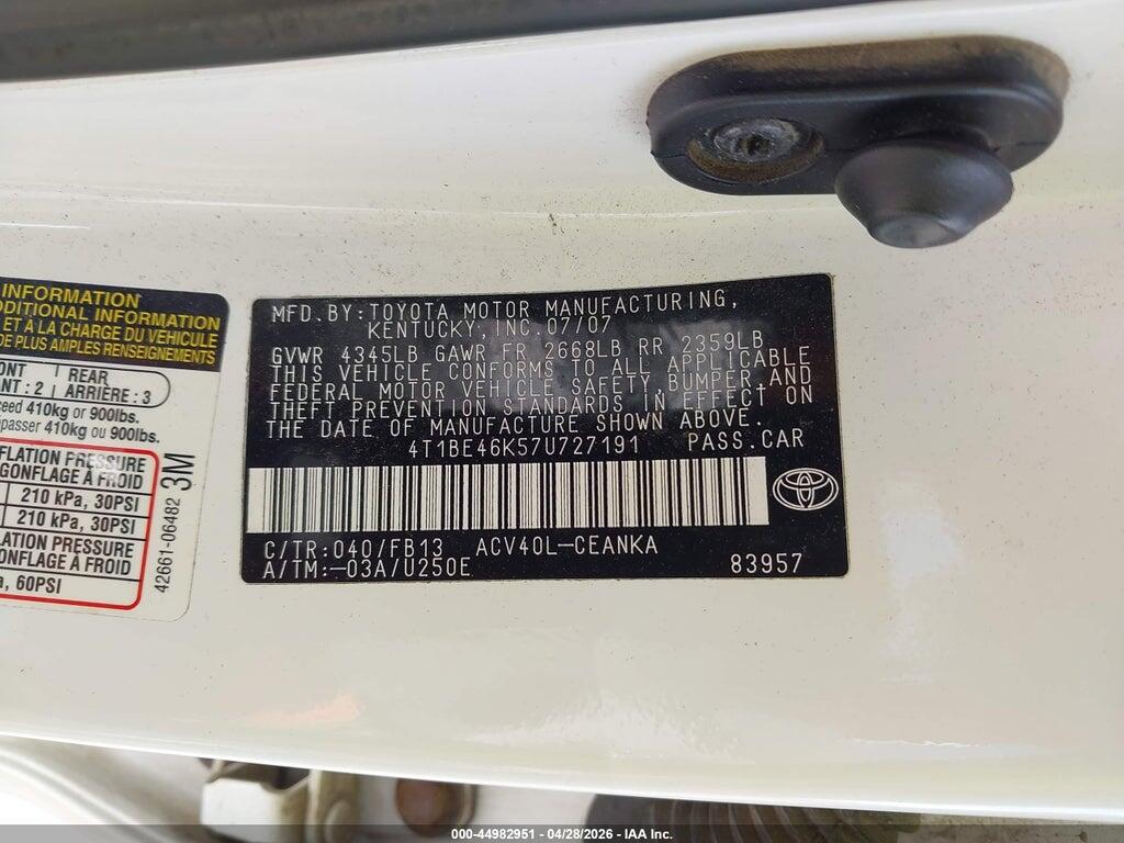 4T1BE46K57U727191 2007 TOYOTA CAMRY photo no. 9
