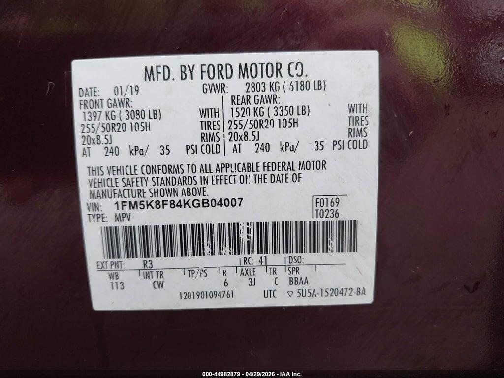 1FM5K8F84KGB04007 2019 FORD EXPLORER photo no. 9