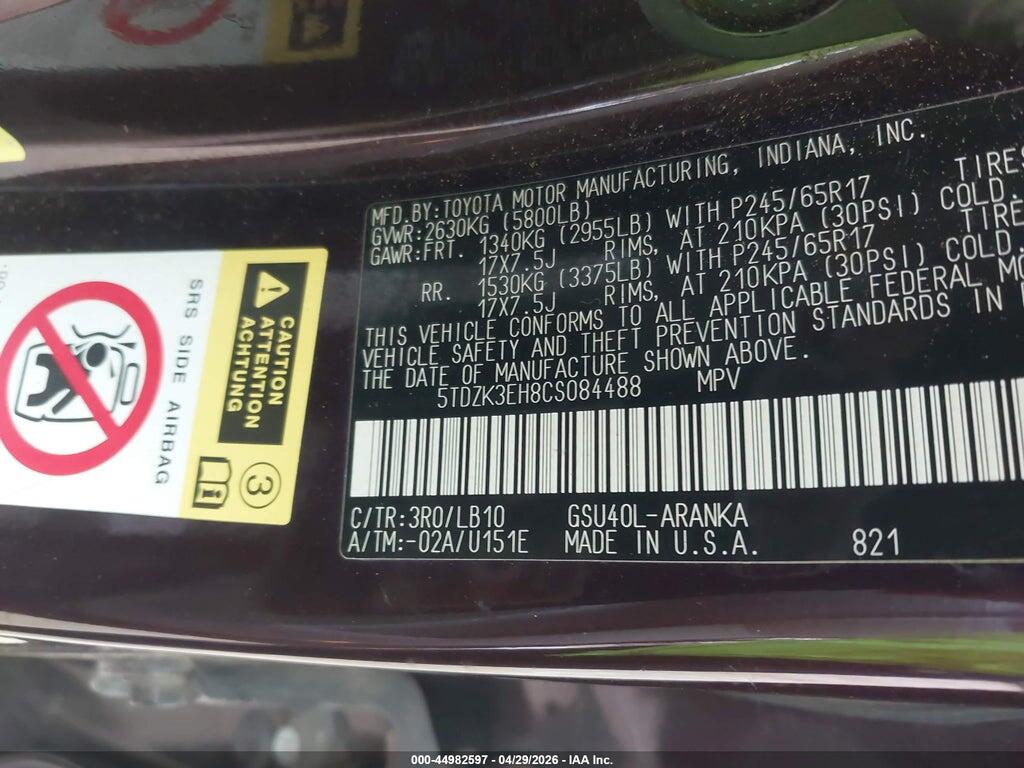 5TDZK3EH8CS084488 2012 TOYOTA HIGHLANDER photo no. 9