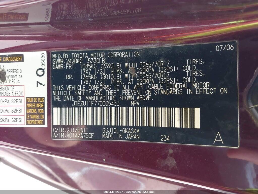 JTEZU11F770005433 2007 TOYOTA FJ CRUISER photo no. 9