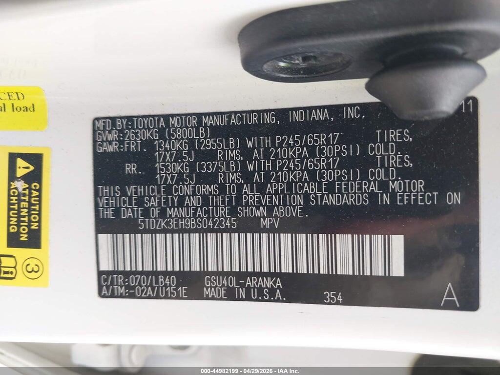 5TDZK3EH9BS042345 2011 TOYOTA HIGHLANDER photo no. 9