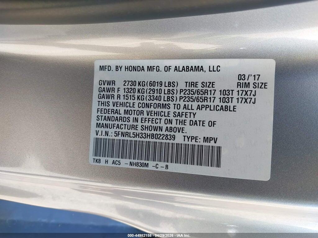 5FNRL5H33HB022839 2017 HONDA ODYSSEY photo no. 9