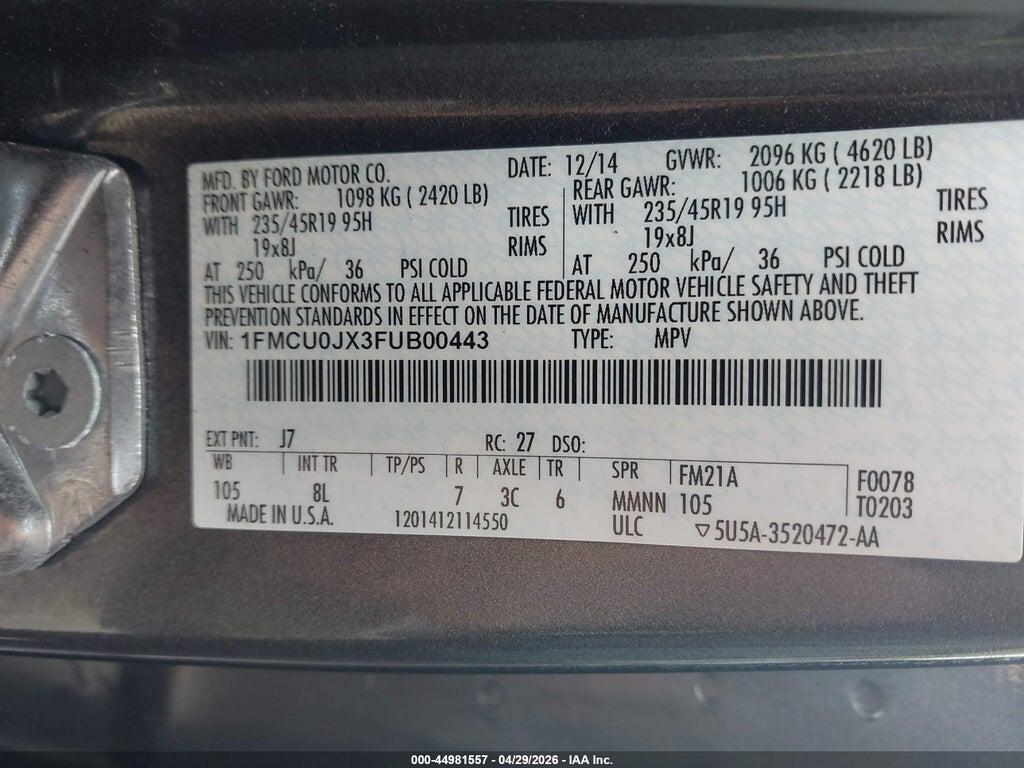 1FMCU0JX3FUB00443 2015 FORD ESCAPE photo no. 9