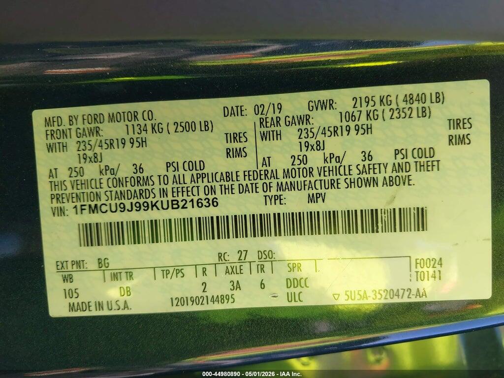 1FMCU9J99KUB21636 2019 FORD ESCAPE photo no. 9