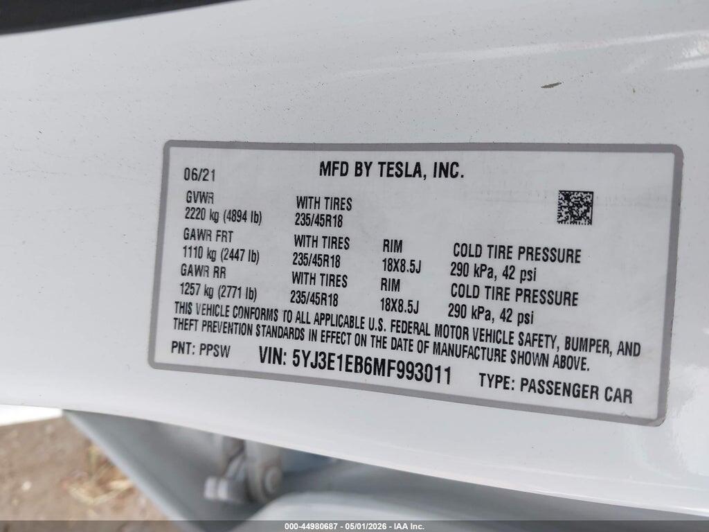 5YJ3E1EB6MF993011 2021 TESLA MODEL 3 photo no. 9