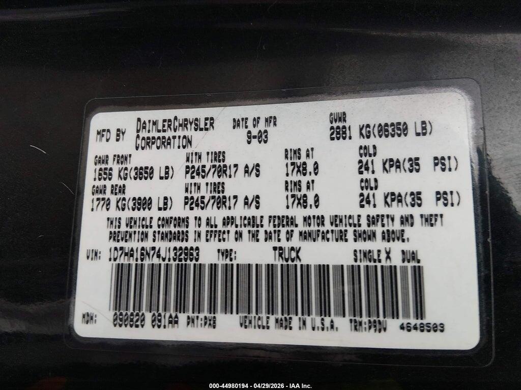1D7HA16N74J132963 2004 DODGE RAM 1500 photo no. 9