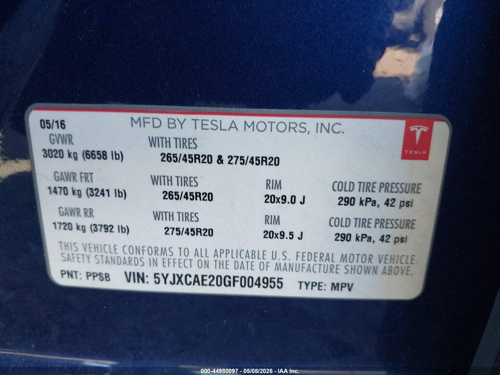 5YJXCAE20GF004955 2016 TESLA MODEL X photo no. 9
