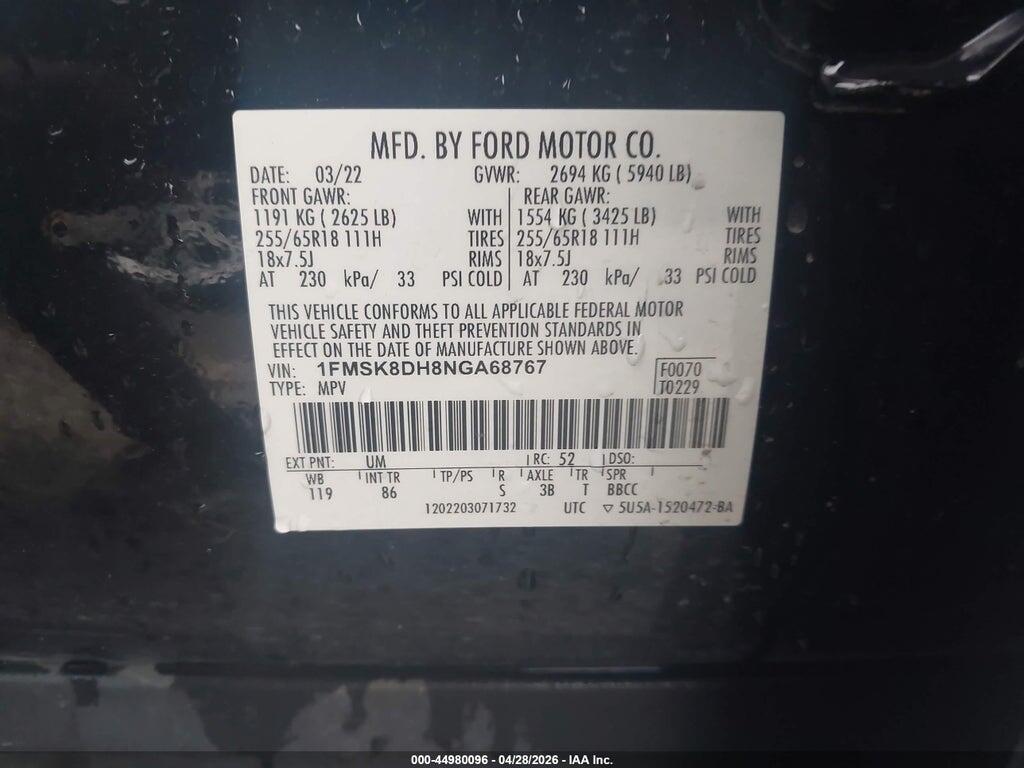 1FMSK8DH8NGA68767 2022 FORD EXPLORER photo no. 9