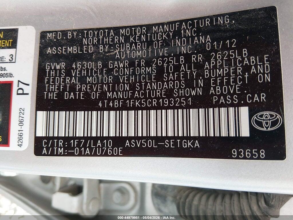 4T4BF1FK5CR193251 2012 TOYOTA CAMRY photo no. 9