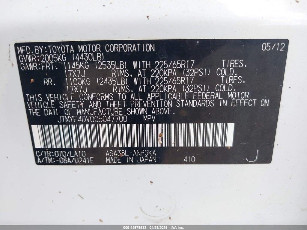 JTMYF4DV0C5047700 2012 TOYOTA RAV4 photo no. 9