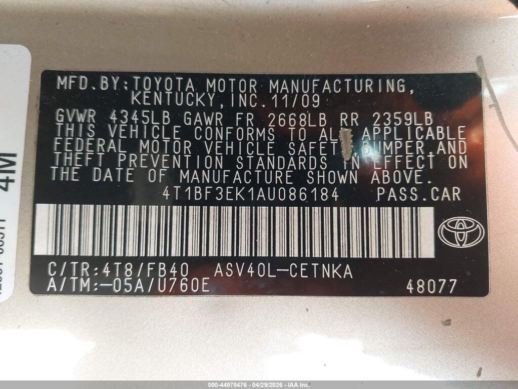 4T1BF3EK1AU086184 2010 TOYOTA CAMRY photo no. 9