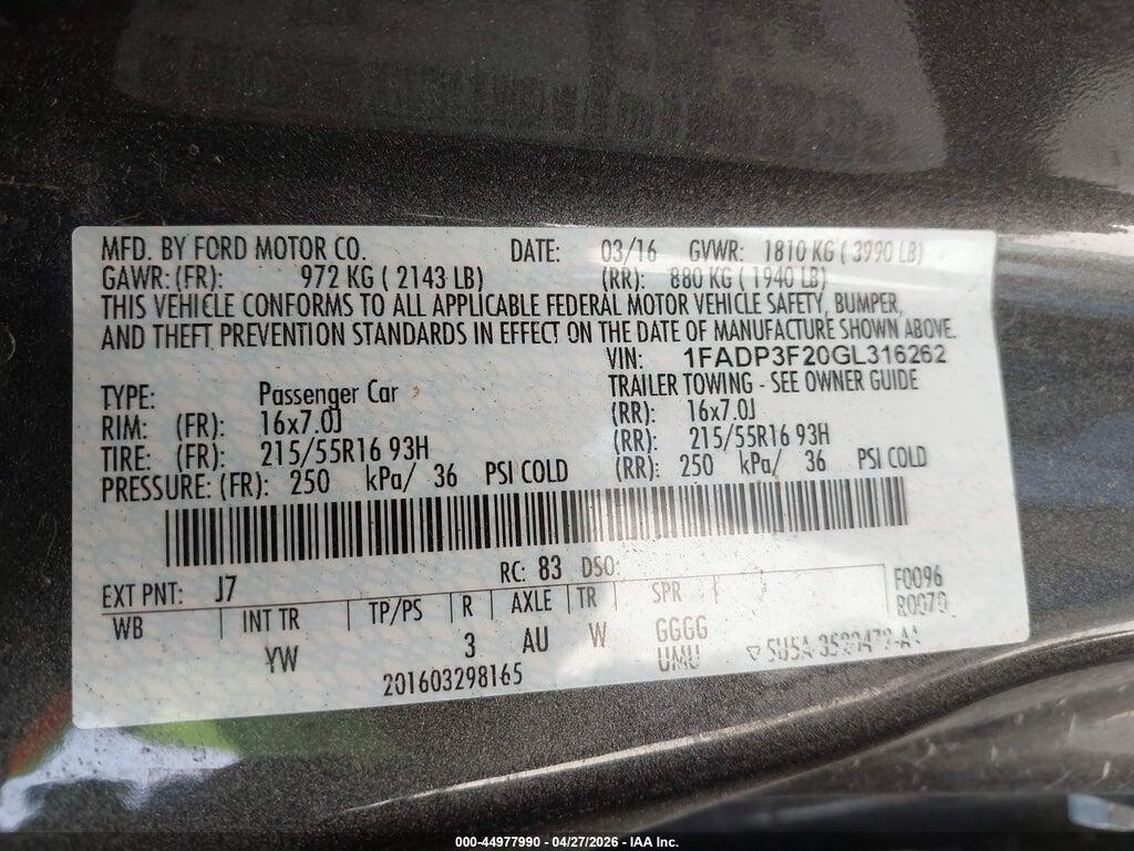 1FADP3F20GL316262 2016 FORD FOCUS photo no. 9