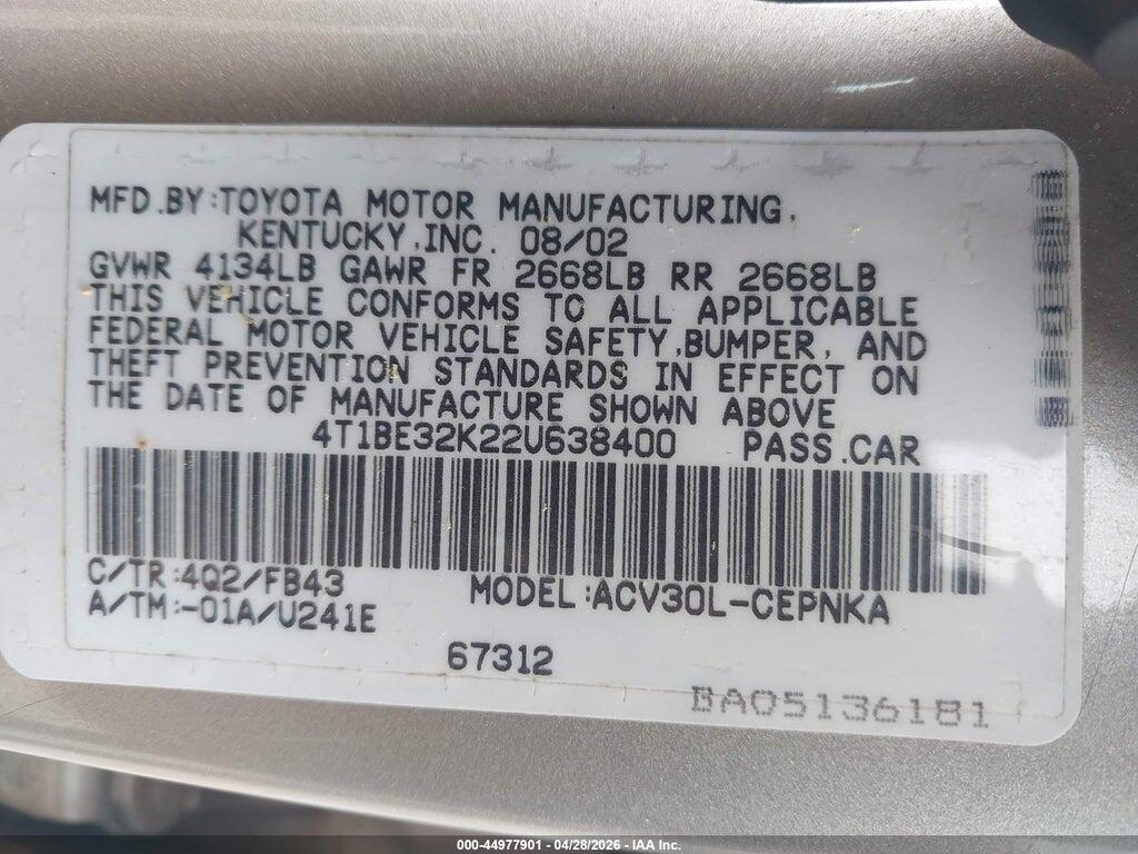 4T1BE32K22U638400 2002 TOYOTA CAMRY photo no. 9