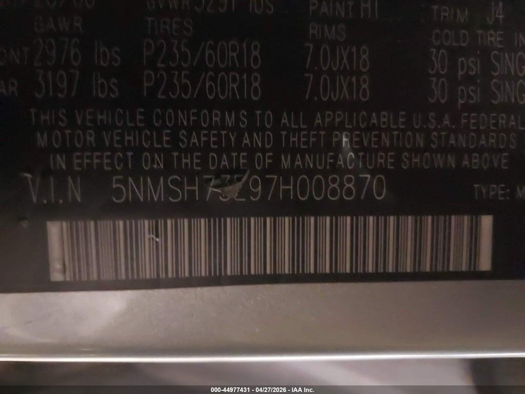 5NMSH73E97H008870 2007 HYUNDAI SANTA FE photo no. 9