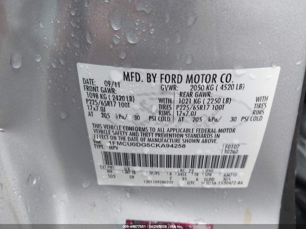 1FMCU0DG5CKA94258 2012 FORD ESCAPE photo no. 9
