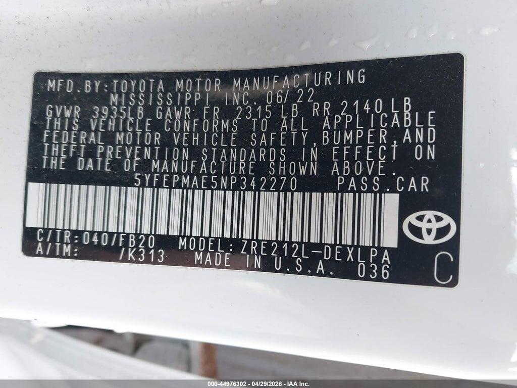 5YFEPMAE5NP342270 2022 TOYOTA COROLLA photo no. 9