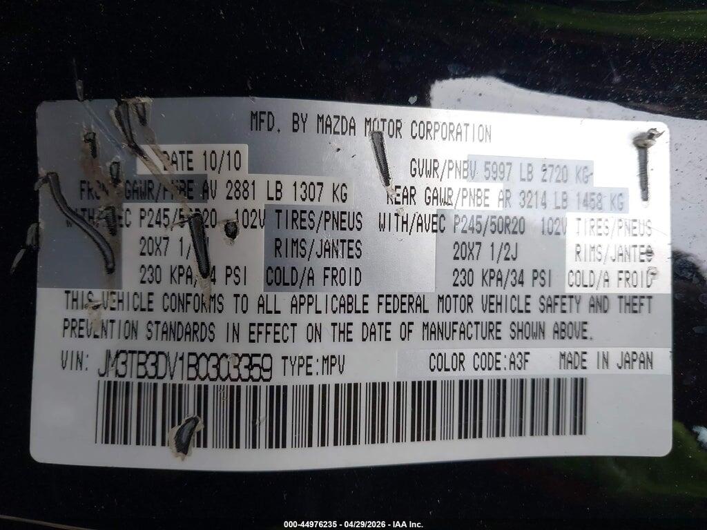 JM3TB3DV1B0303359 2011 MAZDA CX-9 photo no. 9