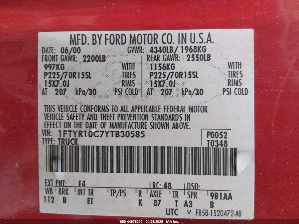 1FTYR10C7YTB30585 2000 FORD RANGER photo no. 9