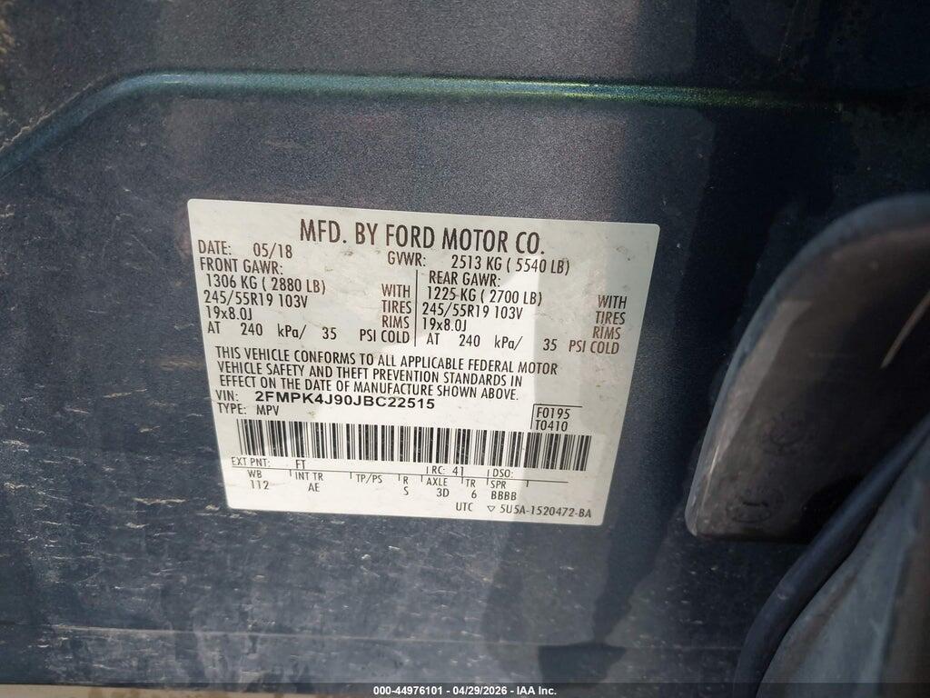 2FMPK4J90JBC22515 2018 FORD EDGE photo no. 9