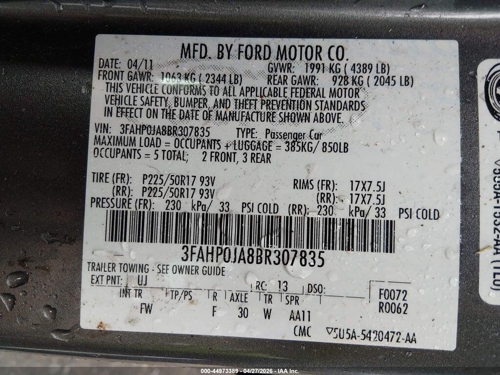 3FAHP0JA8BR307835 2011 FORD FUSION photo no. 9