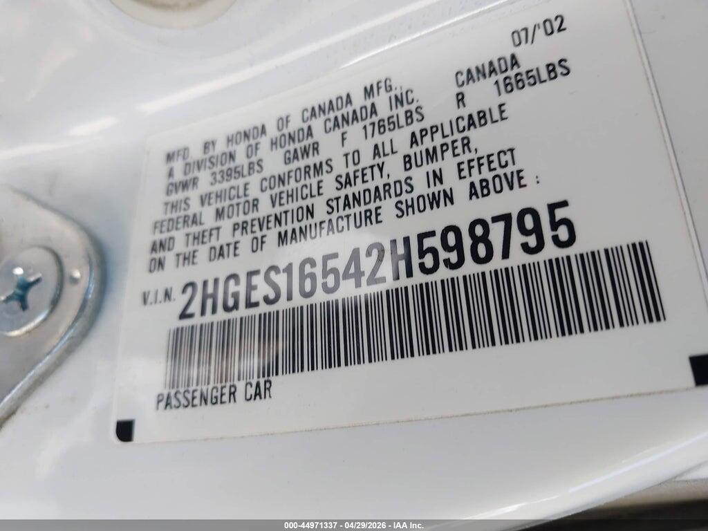 2HGES16542H598795 2002 HONDA CIVIC photo no. 9