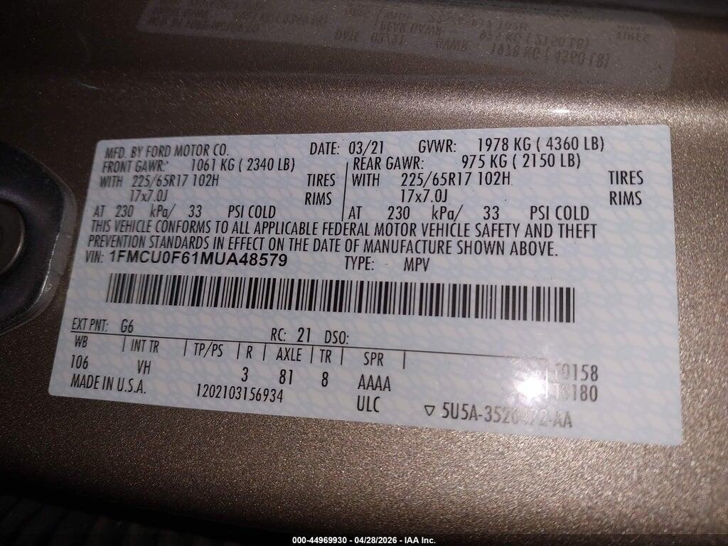1FMCU0F61MUA48579 2021 FORD ESCAPE photo no. 9