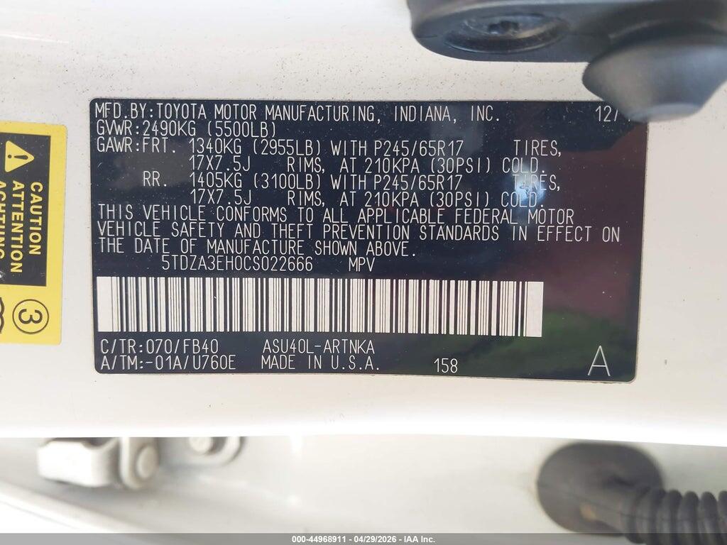 5TDZA3EH0CS022666 2012 TOYOTA HIGHLANDER photo no. 9