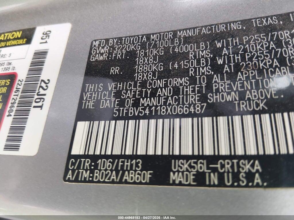 5TFBV54118X066487 2008 TOYOTA TUNDRA photo no. 9