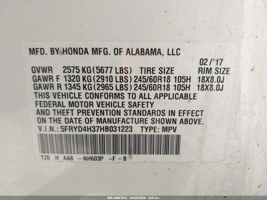 5FRYD4H37HB031223 2017 ACURA MDX photo no. 9