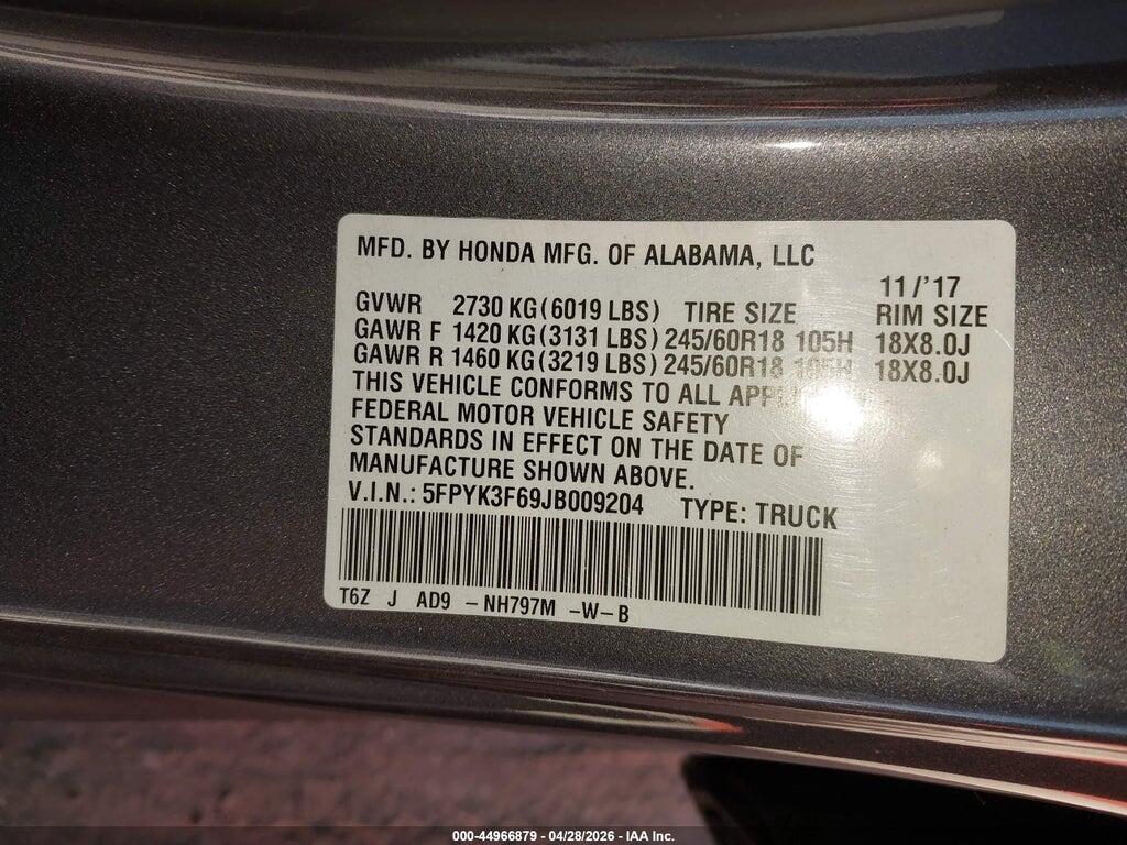 5FPYK3F69JB009204 2018 HONDA RIDGELINE photo no. 9