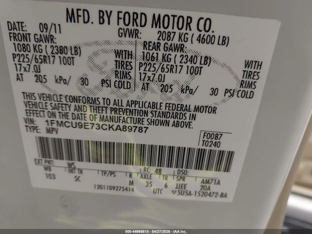 1FMCU9E73CKA89787 2012 FORD ESCAPE photo no. 9
