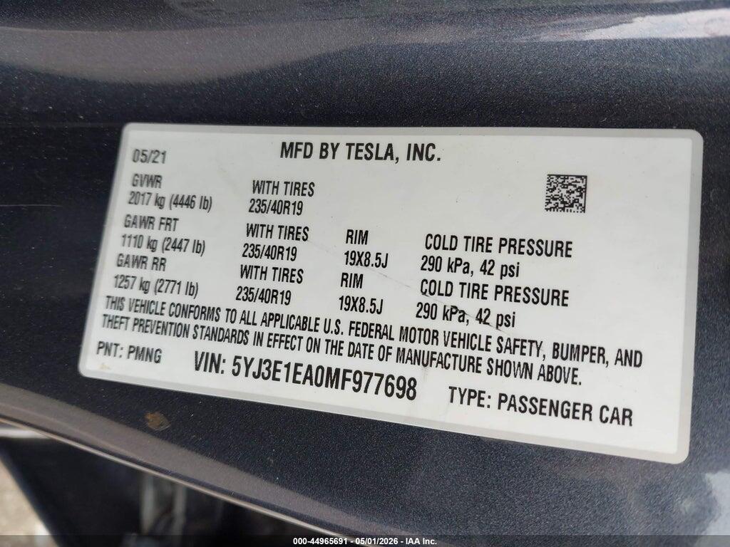 5YJ3E1EA0MF977698 2021 TESLA MODEL 3 photo no. 9