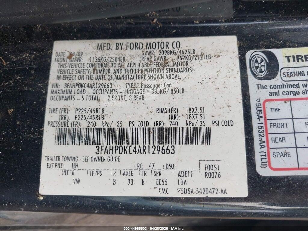 3FAHP0KC4AR129663 2010 FORD FUSION photo no. 9