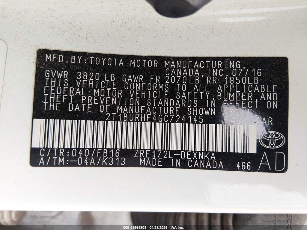 2T1BURHE4GC724145 2016 TOYOTA COROLLA photo no. 9