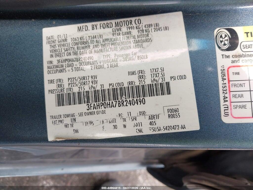 3FAHP0HA7BR240490 2011 FORD FUSION photo no. 9