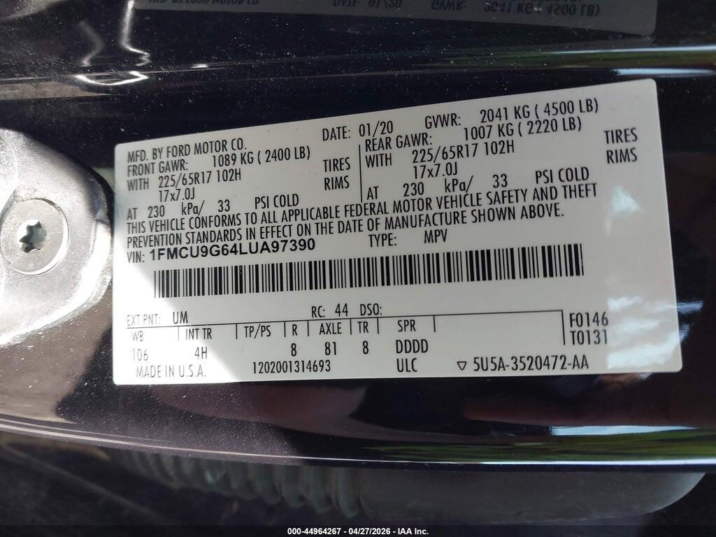 1FMCU9G64LUA97390 2020 FORD ESCAPE photo no. 9