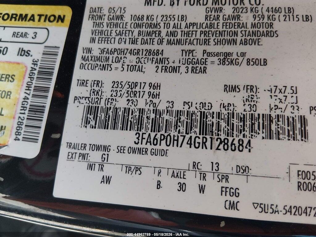 3FA6P0H74GR128684 2016 FORD FUSION photo no. 9