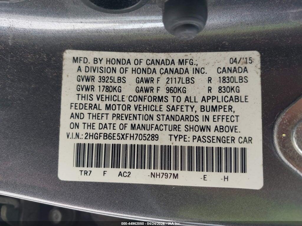 2HGFB6E5XFH705289 2015 HONDA CIVIC photo no. 9
