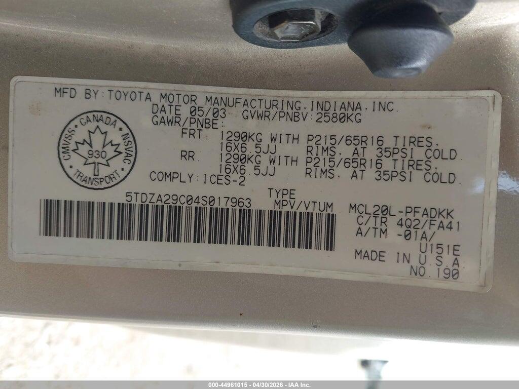 5TDZA29C04S017963 2004 TOYOTA SIENNA photo no. 9