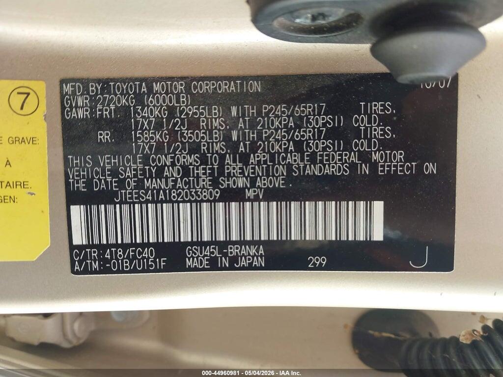 JTEES41A182033809 2008 TOYOTA HIGHLANDER photo no. 9