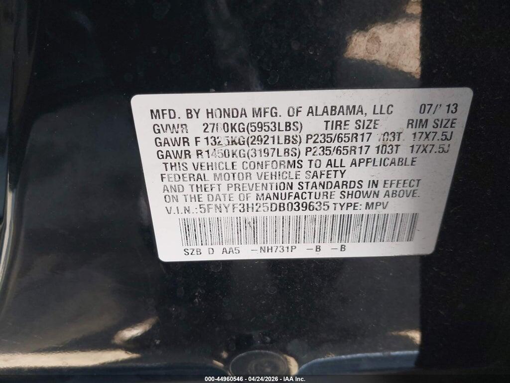 5FNYF3H25DB039635 2013 HONDA PILOT photo no. 9