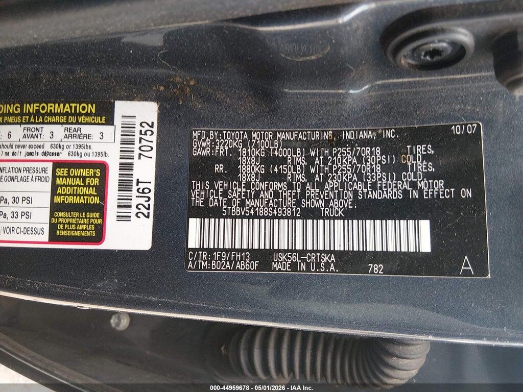5TBBV54188S493812 2008 TOYOTA TUNDRA photo no. 9