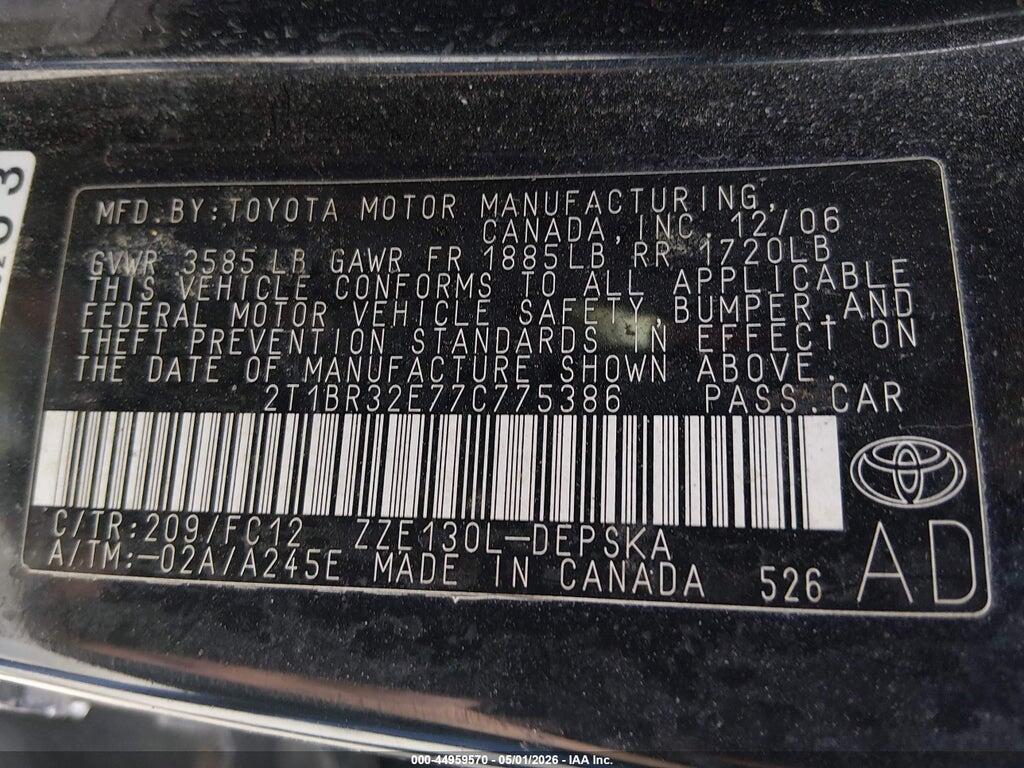 2T1BR32E77C775386 2007 TOYOTA COROLLA photo no. 9