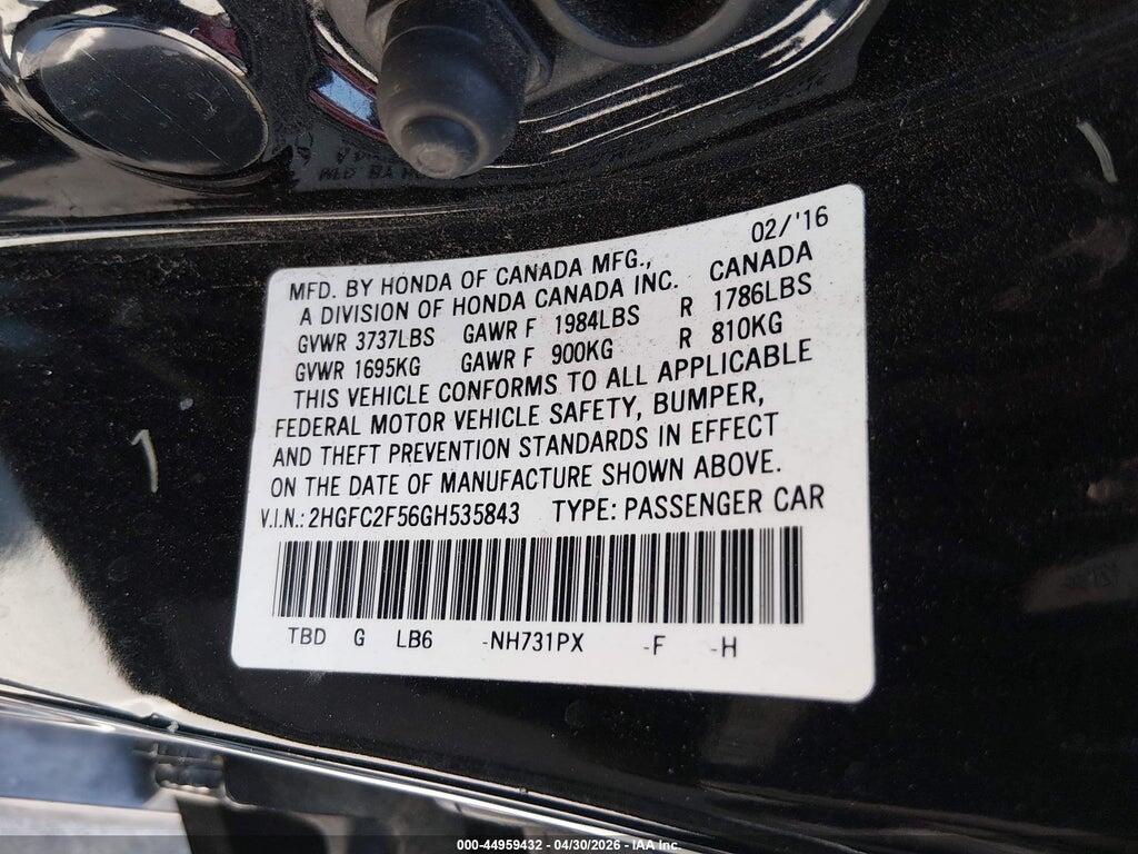 2HGFC2F56GH535843 2016 HONDA CIVIC photo no. 9