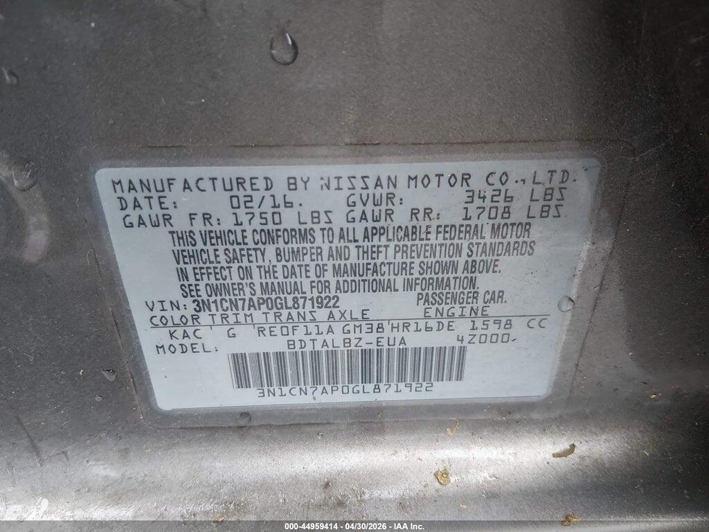3N1CN7AP0GL871922 2016 NISSAN VERSA photo no. 9