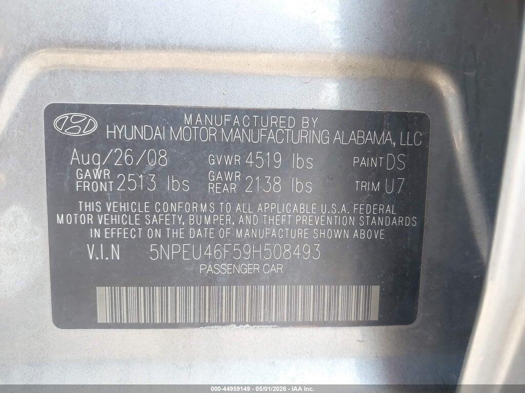 5NPEU46F59H508493 2009 HYUNDAI SONATA photo no. 9