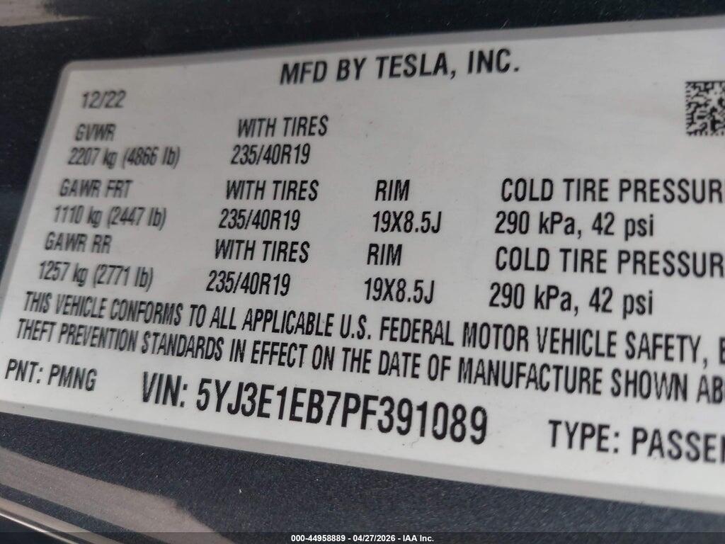 5YJ3E1EB7PF391089 2023 TESLA MODEL 3 photo no. 9